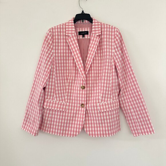 Talbots Womens Pink White Gingham Plaid Blazer Size 14 Preppy Checkered Office - Picture 1 of 8